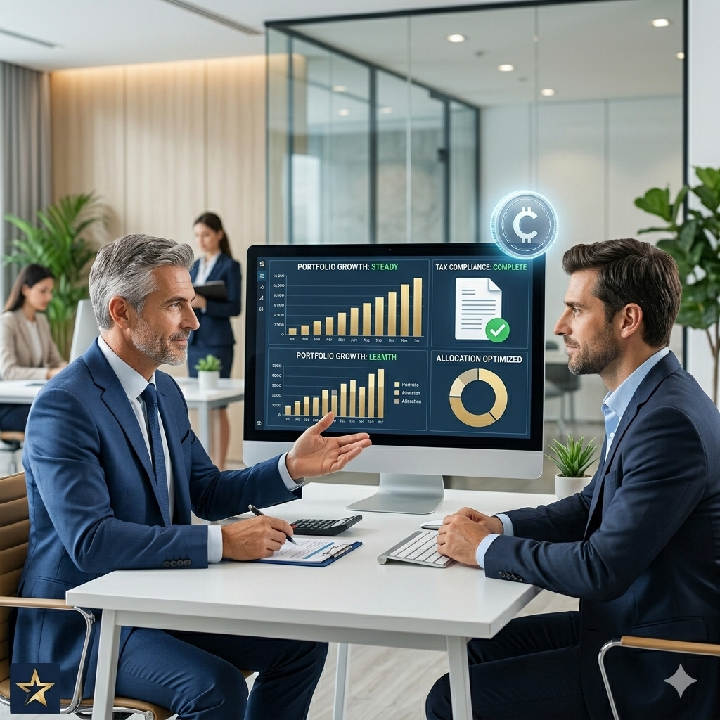 Asesor fiscal revisando portfolio cripto y compliance tributario con un cliente