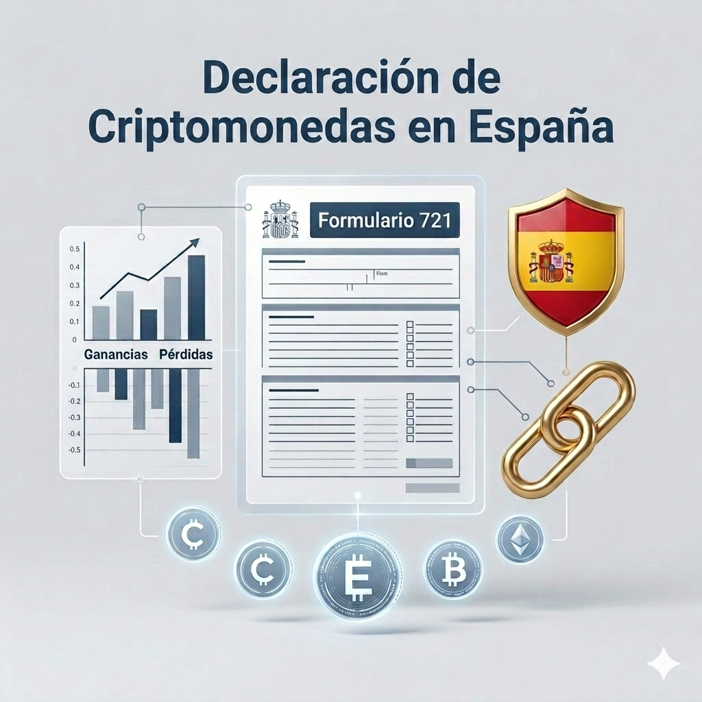 Esquema visual de la declaración de criptomonedas en España con Formulario 721 y gráficas de ganancias y pérdidas