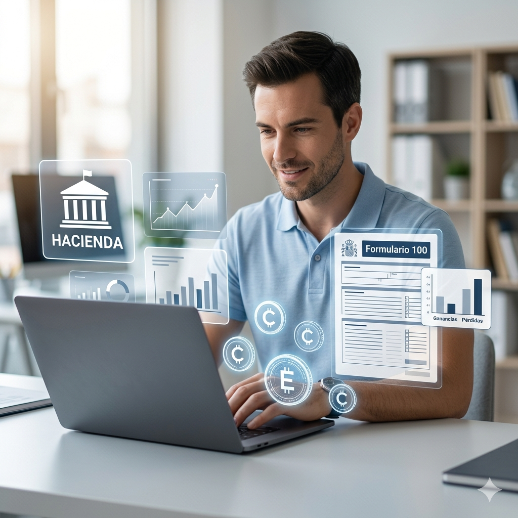 Contribuyente declarando sus criptomonedas a Hacienda con el Formulario 100